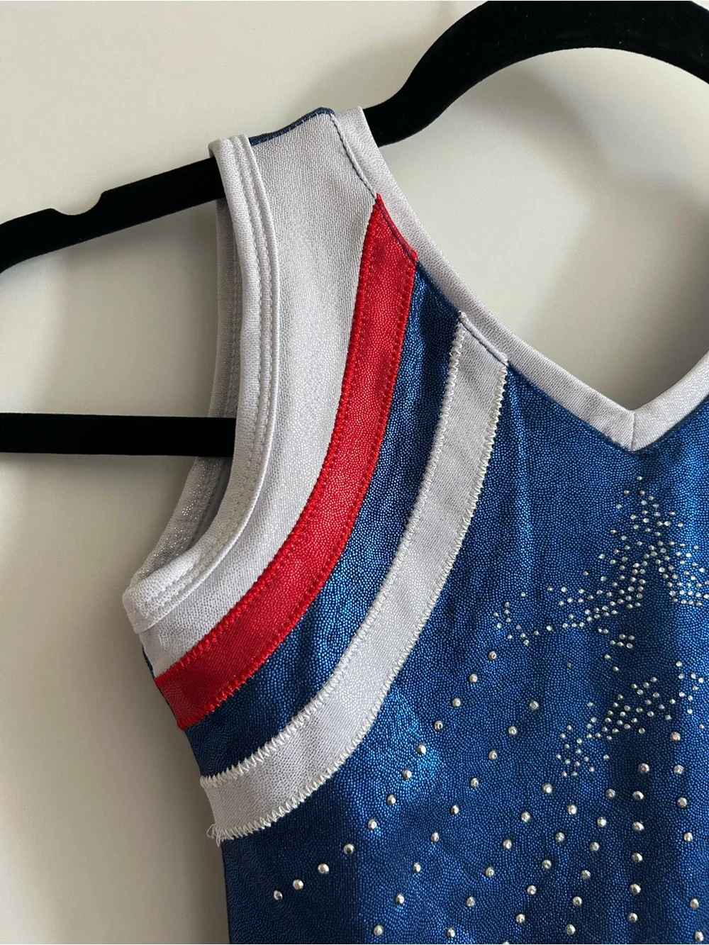 Girls Metallic Blue Gymnastics Leotard with Red & White Accents - Size 8